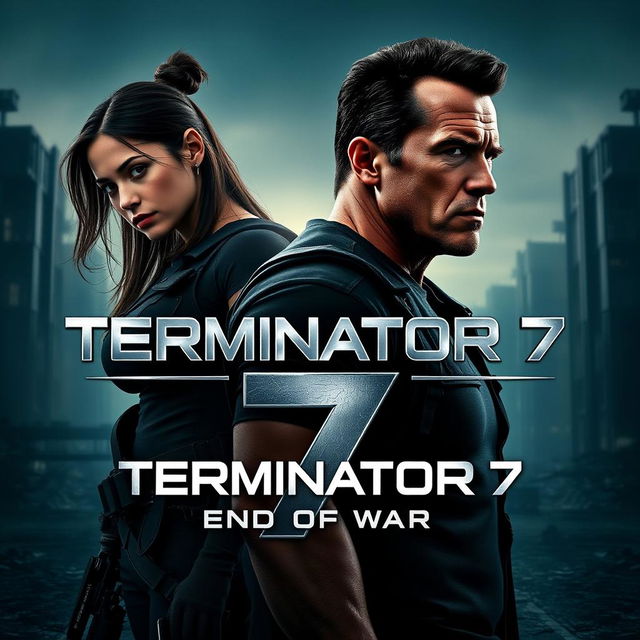 A teaser poster for 'TERMINATOR 7: End Of War' (2025) featuring Jenna Ortega and Arnold Schwarzenegger