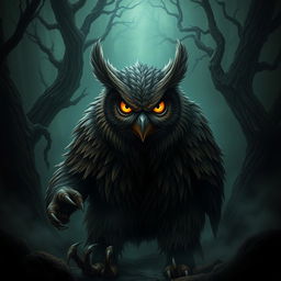 A menacing owlbear with a fierce expression, showcasing its fierce beak and sharp claws, positioned in a dark, enchanted forest