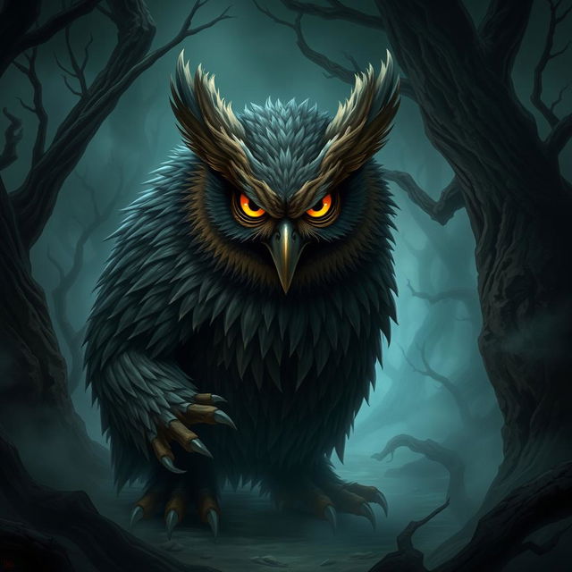 A menacing owlbear with a fierce expression, showcasing its fierce beak and sharp claws, positioned in a dark, enchanted forest