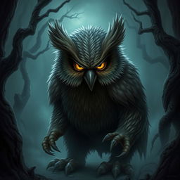 A menacing owlbear with a fierce expression, showcasing its fierce beak and sharp claws, positioned in a dark, enchanted forest
