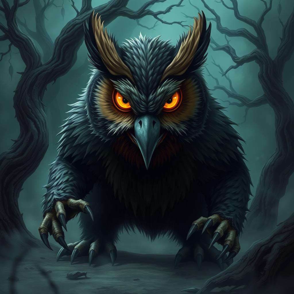 A menacing owlbear with a fierce expression, showcasing its fierce beak and sharp claws, positioned in a dark, enchanted forest