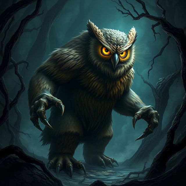 A wild creature that is half owl and half bear, standing in a menacing pose within a dark, enchanted forest