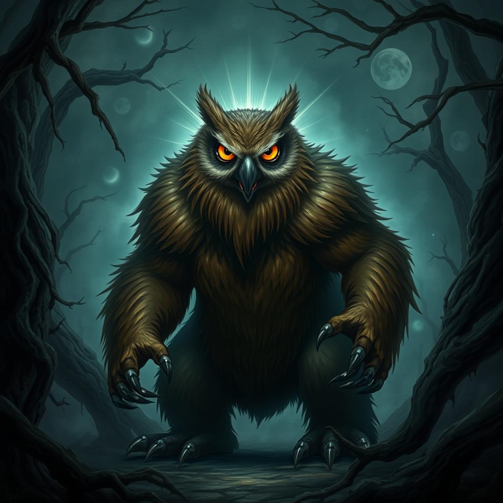 A wild creature that is half owl and half bear, standing in a menacing pose within a dark, enchanted forest