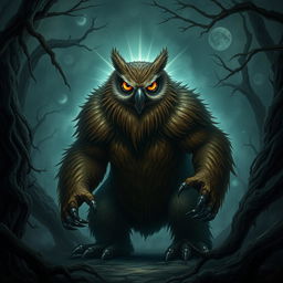 A wild creature that is half owl and half bear, standing in a menacing pose within a dark, enchanted forest
