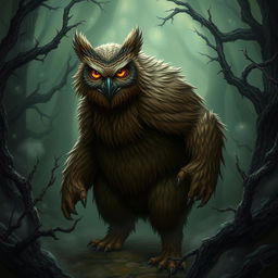 A wild creature that is half owl and half bear, standing in a menacing pose within a dark, enchanted forest