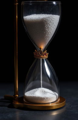 A tiny diadem intricately designed, made of shimmering gold with delicate gemstones, caught inside an elegant sand clock