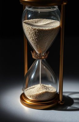 A tiny diadem intricately designed, made of shimmering gold with delicate gemstones, caught inside an elegant sand clock