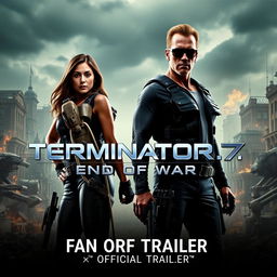 An eye-catching fan-made teaser poster for 'TERMINATOR 7: END OF WAR – FAN Official Trailer' (2025), featuring Summer Glau and Arnold Schwarzenegger