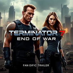 An eye-catching fan-made teaser poster for 'TERMINATOR 7: END OF WAR – FAN Official Trailer' (2025), featuring Summer Glau and Arnold Schwarzenegger