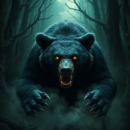 A wild black bear radiating an evil and menacing aura, with piercing yellow eyes that seem to glow in the darkness