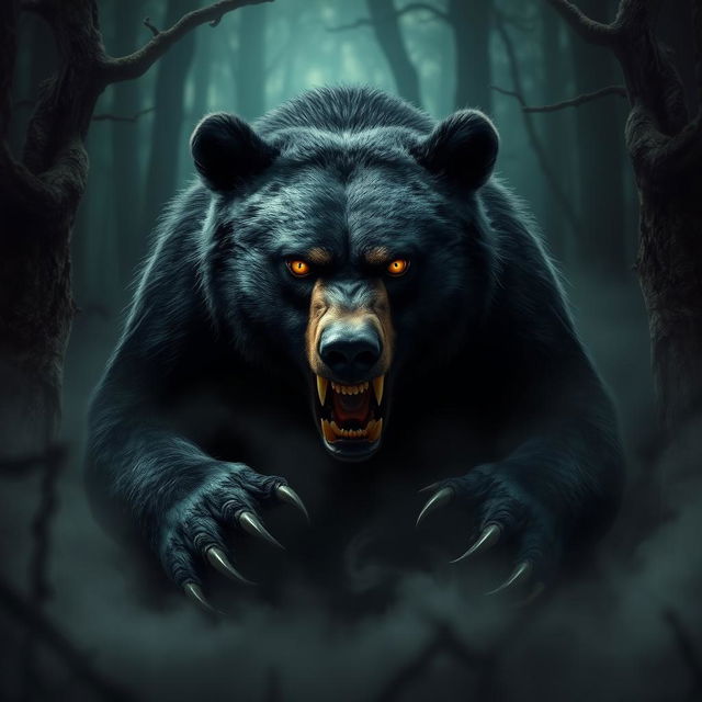 A wild black bear radiating an evil and menacing aura, with piercing yellow eyes that seem to glow in the darkness