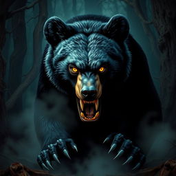 A wild black bear radiating an evil and menacing aura, with piercing yellow eyes that seem to glow in the darkness