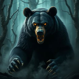 A wild black bear radiating an evil and menacing aura, with piercing yellow eyes that seem to glow in the darkness