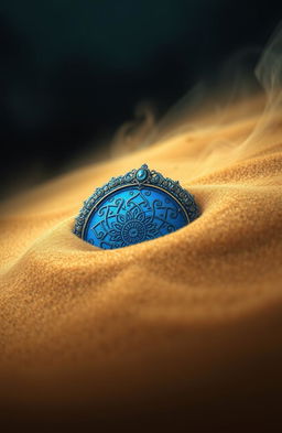 A beautiful blue diadem partially buried in golden sand, intricate details on the diadem glimmering in the light