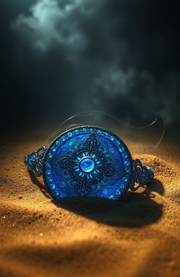 A beautiful blue diadem partially buried in golden sand, intricate details on the diadem glimmering in the light