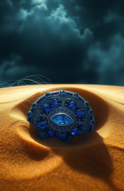 A beautiful blue diadem partially buried in golden sand, intricate details on the diadem glimmering in the light