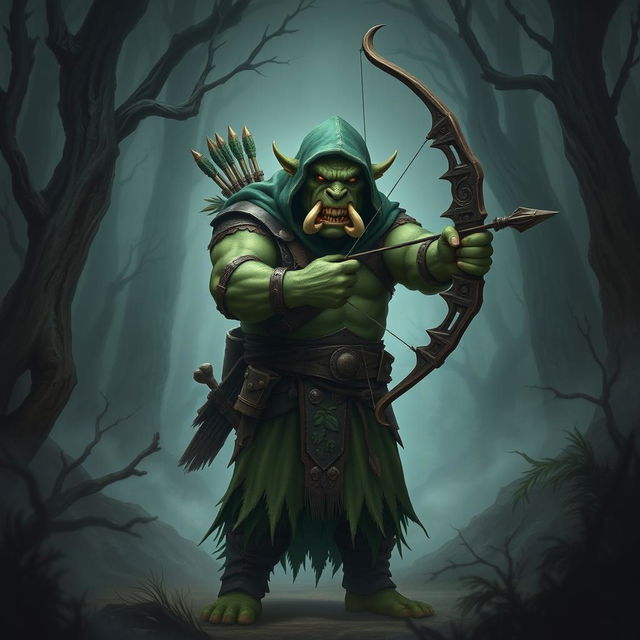 A menacing orc archer cloaked in shades of green, standing in a threatening pose within a dark, foreboding forest