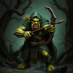A menacing orc archer cloaked in shades of green, standing in a threatening pose within a dark, foreboding forest
