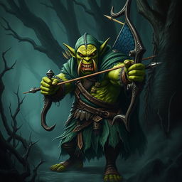 A menacing orc archer cloaked in shades of green, standing in a threatening pose within a dark, foreboding forest