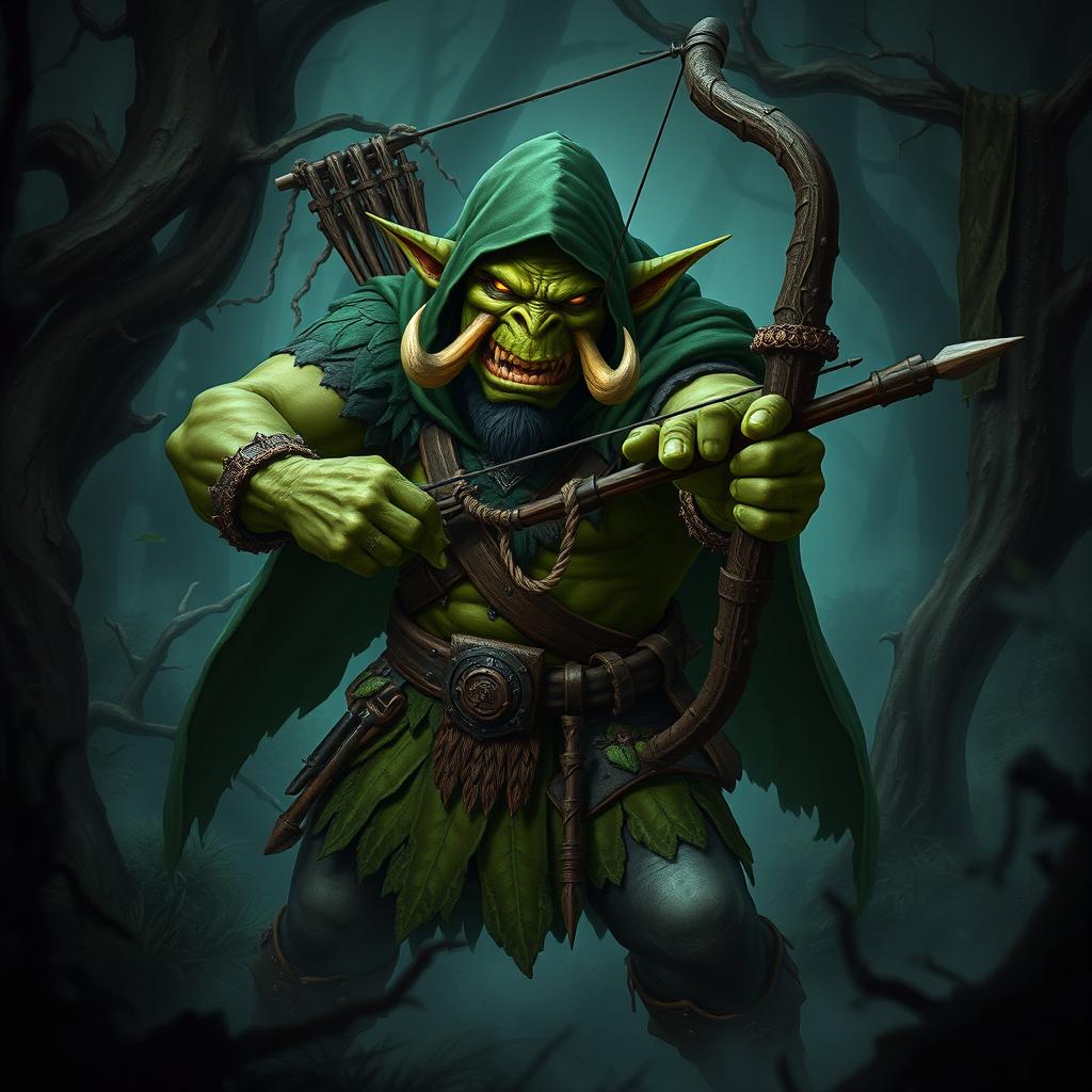 A menacing orc archer cloaked in shades of green, standing in a threatening pose within a dark, foreboding forest