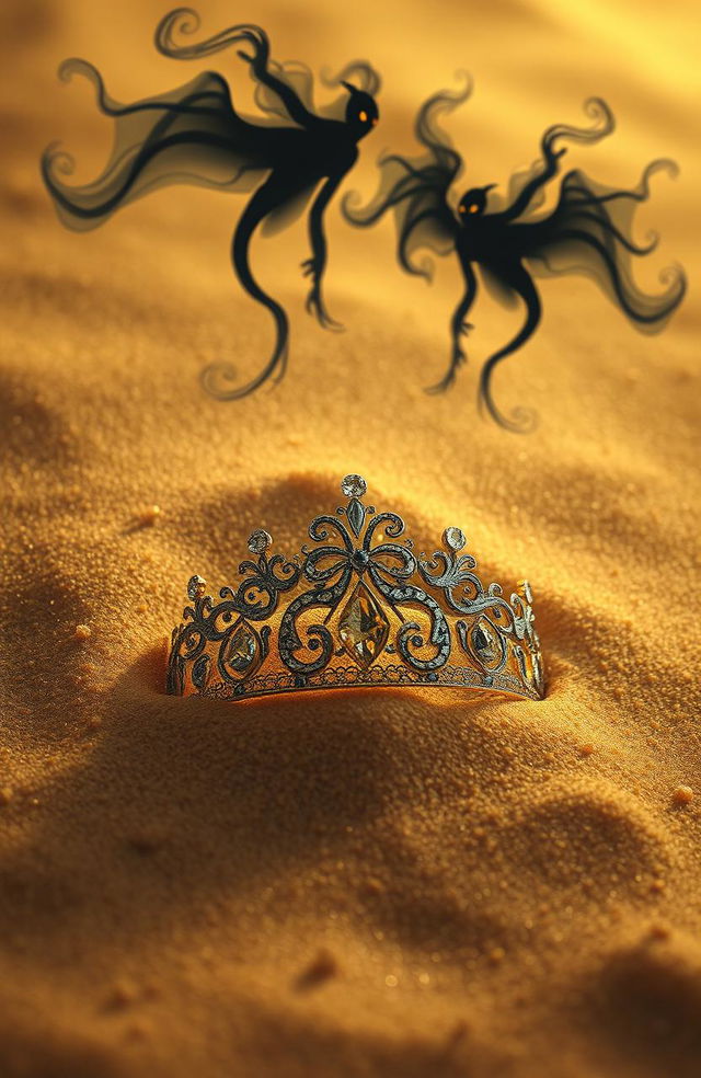 A beautifully crafted diadem buried in fine golden sand, with intricate designs and shimmering gemstones glinting under a soft, ambient light