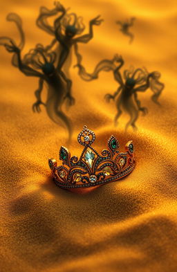 A beautifully crafted diadem buried in fine golden sand, with intricate designs and shimmering gemstones glinting under a soft, ambient light