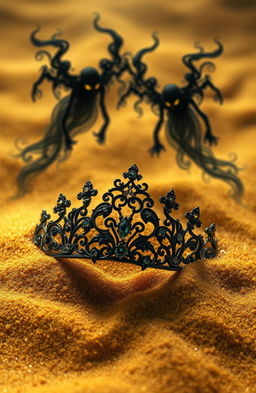 A beautifully crafted diadem buried in fine golden sand, with intricate designs and shimmering gemstones glinting under a soft, ambient light