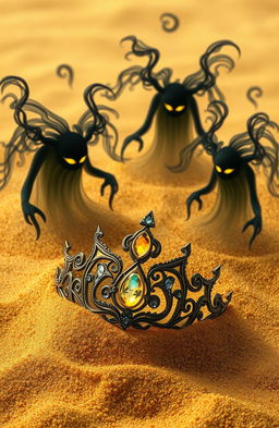 A beautifully crafted diadem buried in fine golden sand, with intricate designs and shimmering gemstones glinting under a soft, ambient light