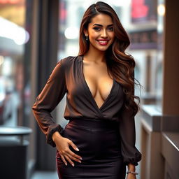 A sensual brunette woman wearing a low-cut blouse that highlights her curves and a stylish skirt that complements her figure, standing confidently with a playful smile