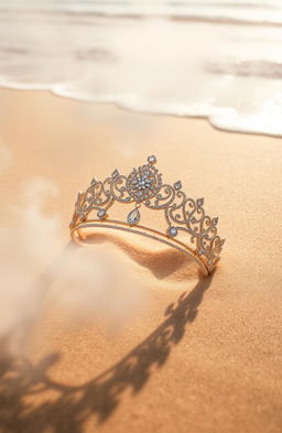 A beautiful diadem, intricately designed with sparkling gemstones and elegant details, is stuck partially in golden sand