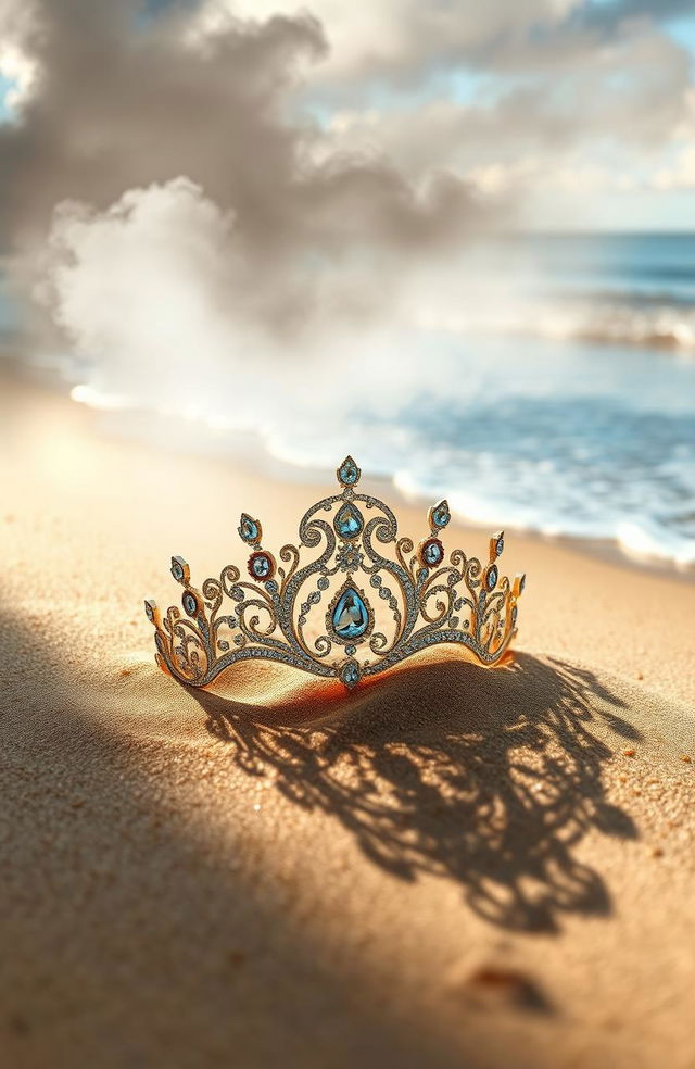 A beautiful diadem, intricately designed with sparkling gemstones and elegant details, is stuck partially in golden sand