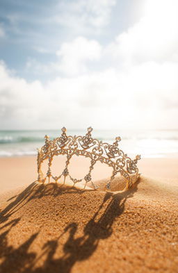 A beautiful diadem, intricately designed with sparkling gemstones and elegant details, is stuck partially in golden sand