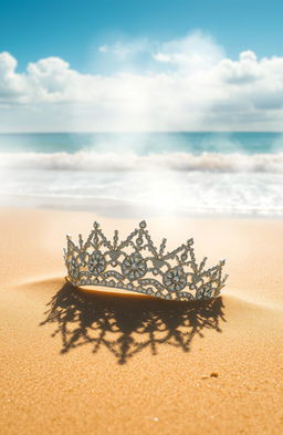 A beautiful diadem, intricately designed with sparkling gemstones and elegant details, is stuck partially in golden sand