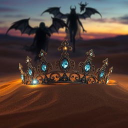 A beautifully ornate diadem partially buried in golden sand, with intricate designs and sparkling jewels glinting in the light
