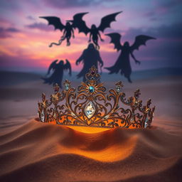 A beautifully ornate diadem partially buried in golden sand, with intricate designs and sparkling jewels glinting in the light