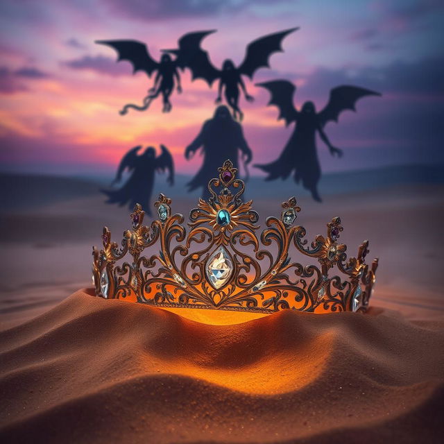 A beautifully ornate diadem partially buried in golden sand, with intricate designs and sparkling jewels glinting in the light