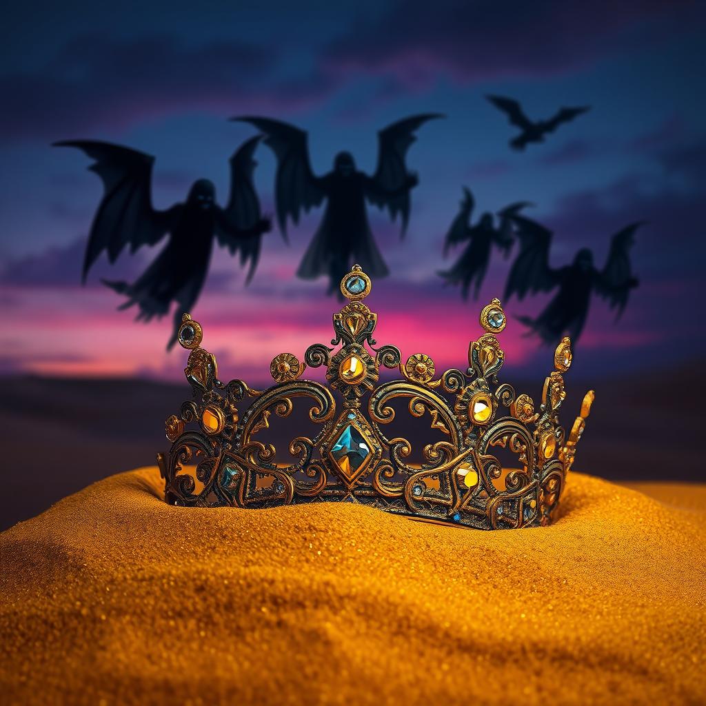 A beautifully ornate diadem partially buried in golden sand, with intricate designs and sparkling jewels glinting in the light