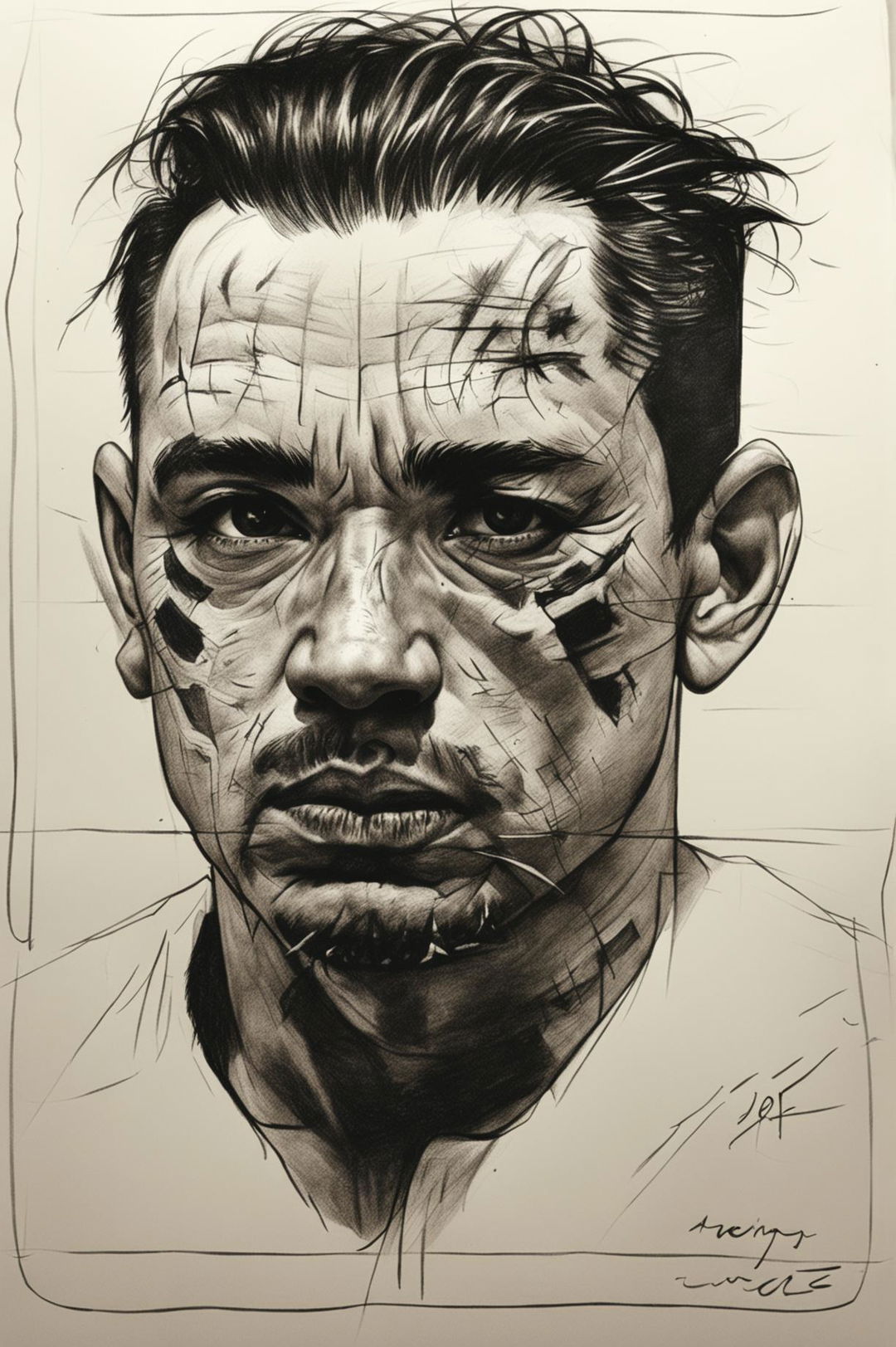 The image is a detailed police sketch of a Mexican gangster, drawn on textured paper