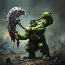 A fearsome green orc wielding a massive great axe, exuding an aura of evil and brutality