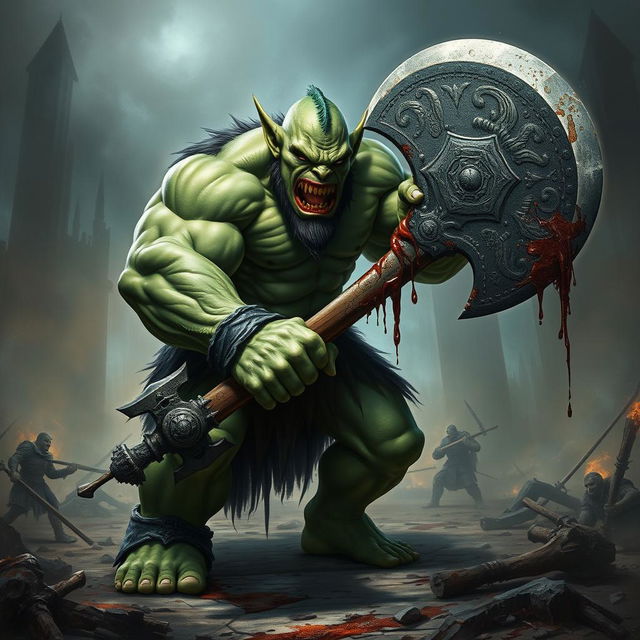 A fearsome green orc wielding a massive great axe, exuding an aura of evil and brutality