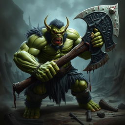 A fearsome green orc wielding a massive great axe, exuding an aura of evil and brutality