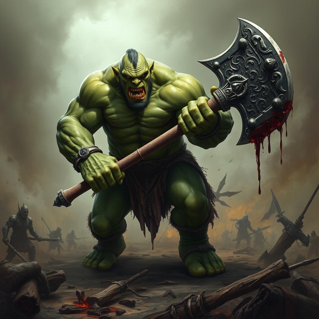 A fearsome green orc wielding a massive great axe, exuding an aura of evil and brutality