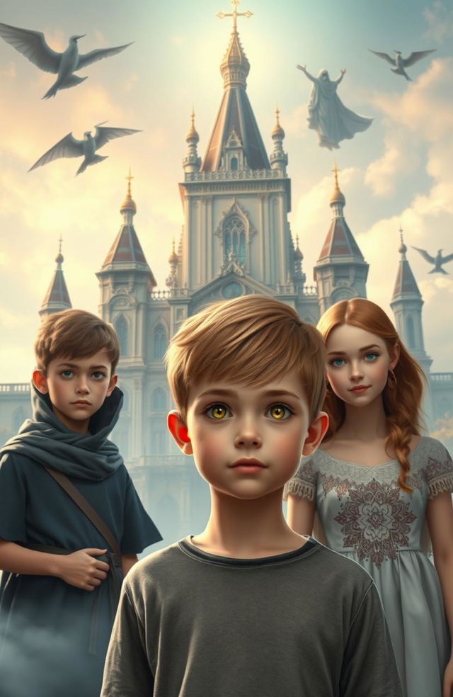 A young boy with golden eyes, around 12 years old, stands confidently in the foreground