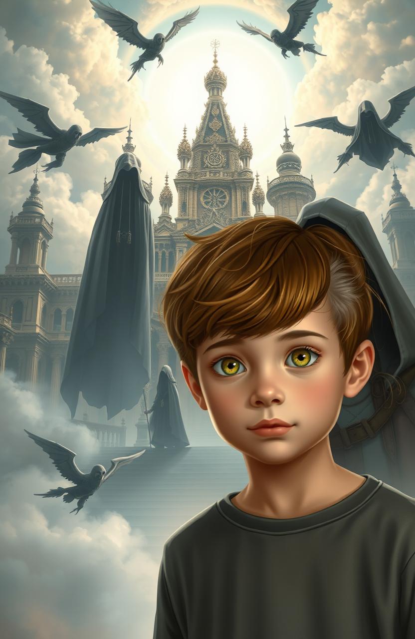 A young boy with golden eyes, around 12 years old, stands confidently in the foreground