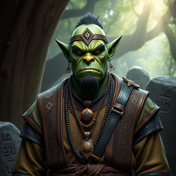 A green orc priest, adorned in elaborate robes that blend traditional tribal designs with mystical symbols