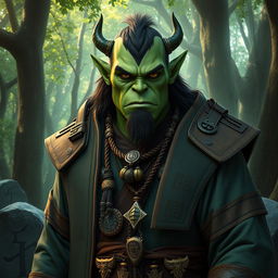 A green orc priest, adorned in elaborate robes that blend traditional tribal designs with mystical symbols