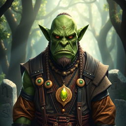A green orc priest, adorned in elaborate robes that blend traditional tribal designs with mystical symbols
