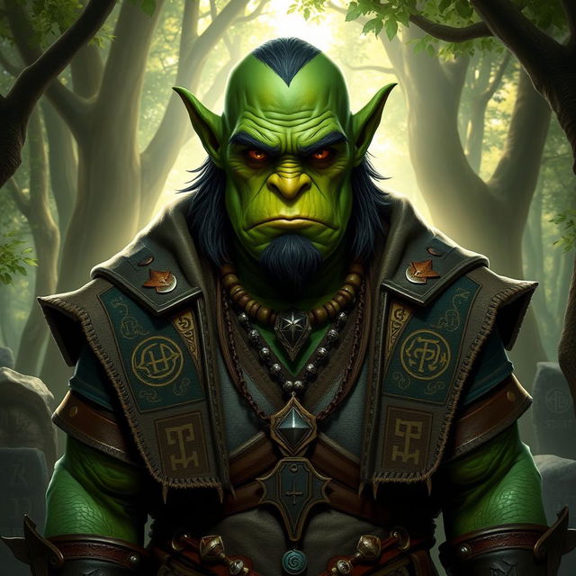 A green orc priest, adorned in elaborate robes that blend traditional tribal designs with mystical symbols