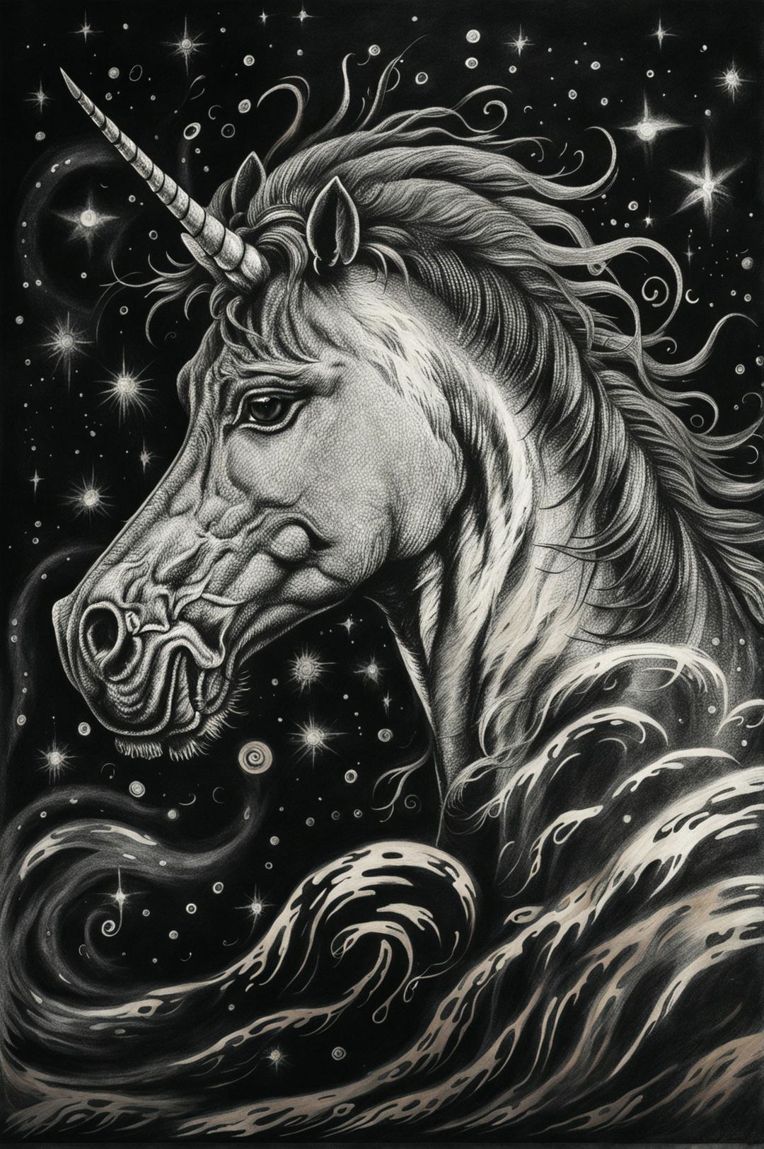 A fine art sketch of a majestic unicorn, depicted in the style of Van Gogh