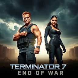 A teaser poster for the movie 'Terminator 7: End Of War (2025)' featuring Arnold Schwarzenegger and Jenna Ortega